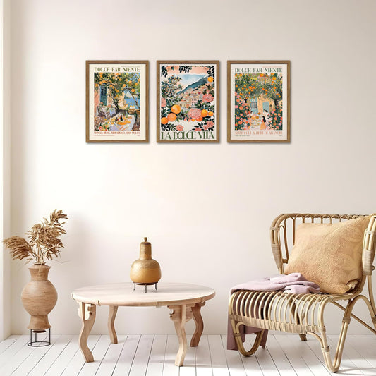Framed Italian Scenery Wall Art Set of 3, Amalfi Coast Kitchen Wall Art, Vintage City Landscape Canvas Print, Trendy Italian Food Pictures Artwork for Living Room Dining Room – 16x24 inch