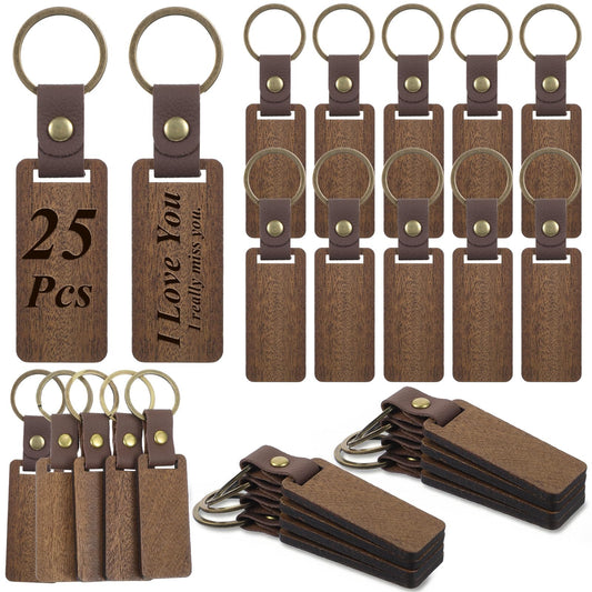 PercyEffie 25 Pcs Leather Wood Keychain Blank, Wooden KeyChain with Leather Strap, Unfinished Wood Engravable Blank Key Chain for Laser Engraving, DIY Various Key Tags, Crafts Gift