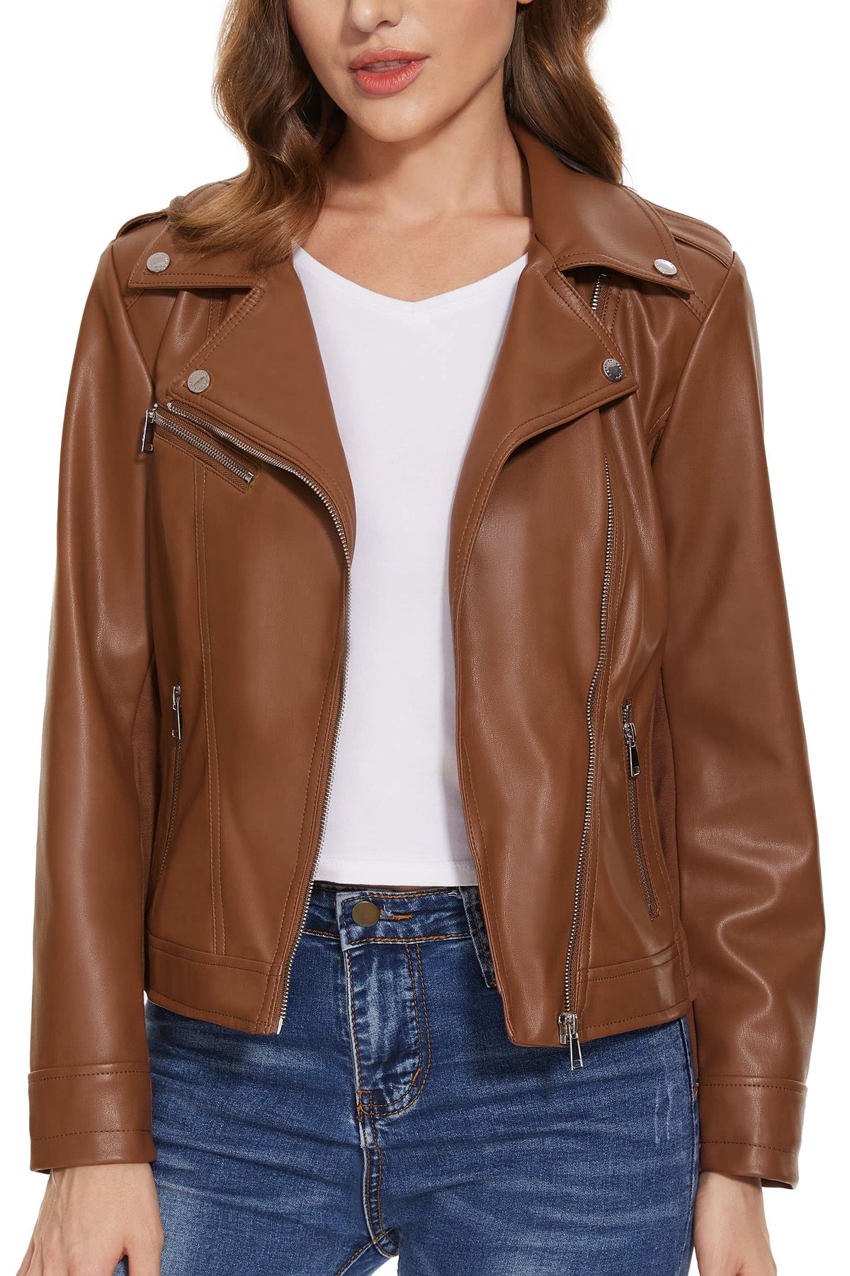 Fahsyee Women's Faux Leather Jackets, Zip Up Motorcycle Elastic Sleeve Short PU Moto Biker Outwear Fitted Coat Brown M