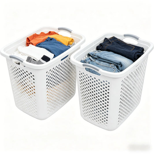 Plastic Laundry Hamper – 2.5 Bushel Large Capacity Basket with Handles, Sturdy White Clothes Hamper for Bedroom, Bathroom & Dorm