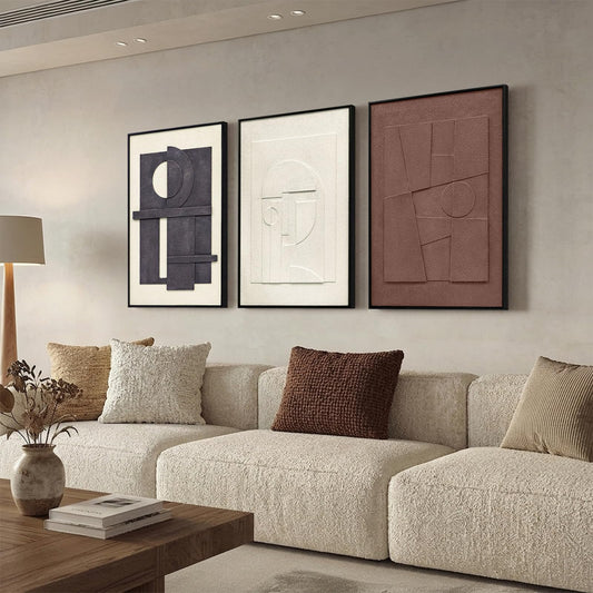 3D Textured Framed Wall Art, 3 Piece Neutral Artwork for Walls, Modern Minimalist Wall Paintings, White Black Geometric Texture Wall Decor for Living Room, Hallway, Office, 16x24In
