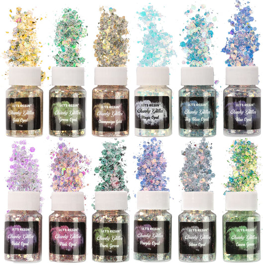 LET'S RESIN Opal Chunky Glitter for Resin, 12 * 10g Craft Glitter Powder for Tumblers/Slime, Iridescent Chameleon Glitter Sequins Festival Decor(Each 0.35oz)