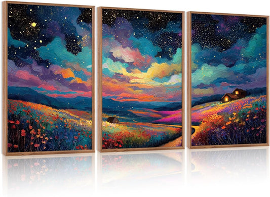 KAIRNE Framed Abstract Midnight Canvas Wall Art,Large Starry Night Prints Set of 3(16”X24”),Colorful Galaxy Space Wildflowers Wall Decor,Nature Dark Night Scene Paintings for Living Room Bedroom Decoration