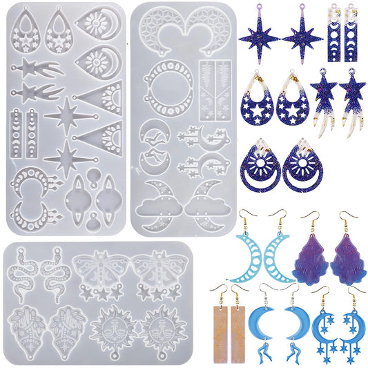 Szecl 3Pcs Moon Star Earring Silicone Mold with Hole 36 Cavities Astral Butterfly Snake Astronomy Cloud Sun Shape Resin Casting Mold Keychain Necklace Pendant Handmade DIY Craft Jewelry Making Tool
