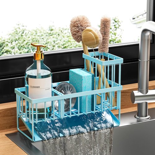Cisily Blue Kitchen Sink Caddy Organizer - Rustproof Stainless Steel with Brush & Sponge Holder