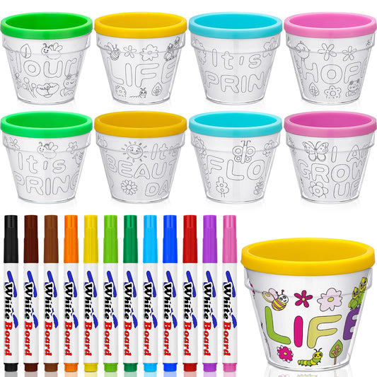 Meanplan 28 Pcs Spring Crafts 16 Spring DIY Flower Pots Paint Your Own Ornament Kit DIY Craft Pot 12 Colorful Markers, Decorate Your Own Flower Pot for Adults Activity