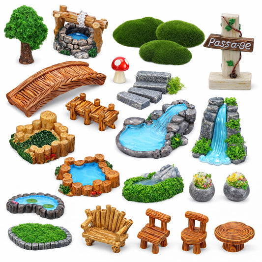 GGSTDDUP Mini Fairy Garden Accessories, Miniature Landscape Decorations Included Mini Bridge Pond Water Well for DIY Craft Lawn Pond Decor