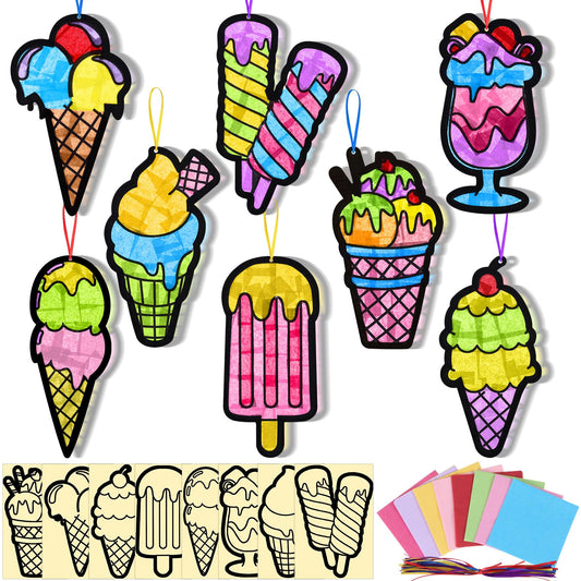 Eersida 32 Sets Summer Craft Set, Summer Ice Cream DIY Stained Glass Tissue Paper Kits SunCatcher Kits for Window Activities Art Home Boys Girls Birthday Party Decorations Favors Gift