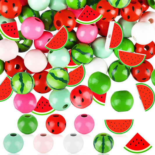 Qunclay 200 Pcs Watermelon Wooden Beads Summer Multi Colored Wooden Beads Bulk Round and Shaped for Crafts Jewelry DIY Necklace Earring Bracelet Making Decor