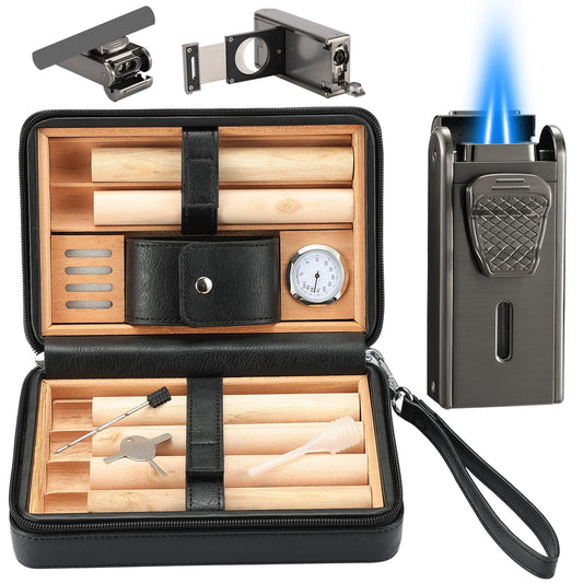 Leather Cedar Wood Case and Double Jet Flame Butane Torch Lighter Set, Holds 6 Units, Built-in Cutter, Punch and Holder Function, Draw Enhancer Tool, Travel Box with Hygrometer.