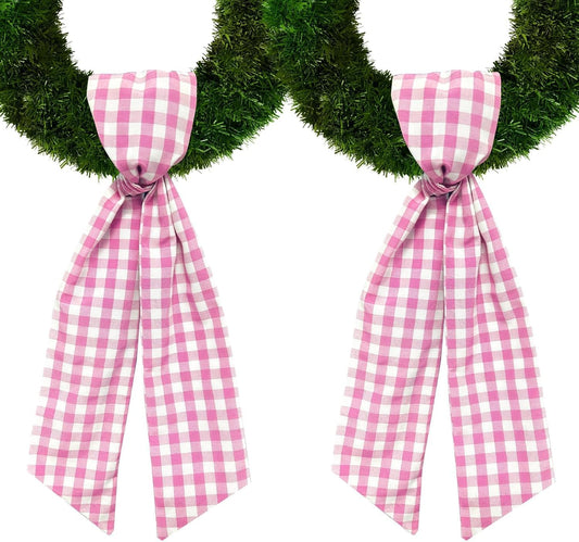 Skiennix Christmas Wreath Sash - Pink Plaid Burlap Decor for Front Door | 2-Piece Set for Celebrations