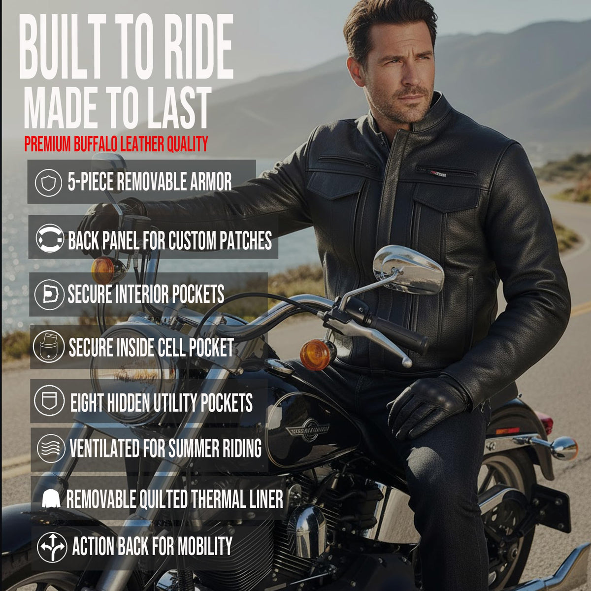 COMMUTER Men's Motorcycle Jacket, Premium Buffalo Leather, CE Armor - Ventilation, Utility Pockets, Cruiser Biker Black XL