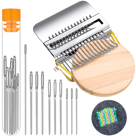Luinabio Small Darning Loom Speedweve Style Machine Wood Knitting Looms Type Weave Tool 14 Hooks and 9 Yarn Knitting Needles Hand DIY Craft Weaving Repair Tool for Jeans(Round,Classic Color)
