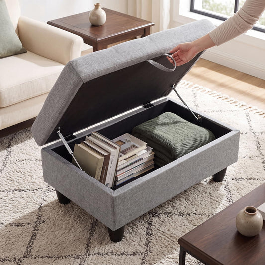 Asevlge 35" Storage Ottoman with Storage for Bedroom, Solid Wood End of Bed Bench, 660lbs Capacity Heavy Duty Foot Rest Stool, Grey Linen with Double Layer Springs