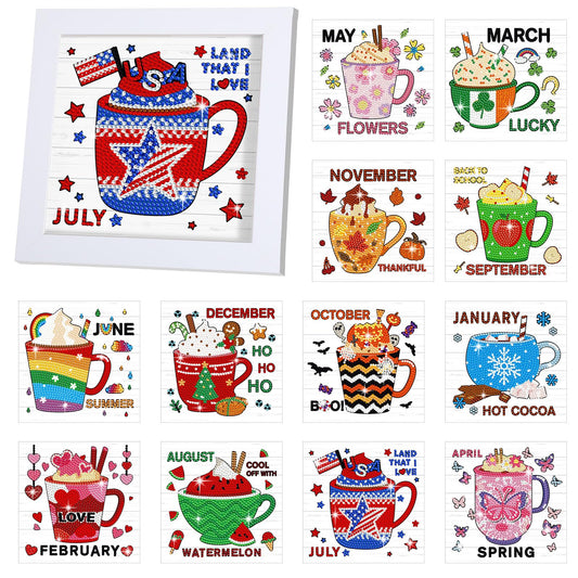 Trandraft 13 Pcs Coffee Month Diamond Art Kits for Adults 4th of July 250th Anniversary Favor Interchangeable 5d Seasonal Small Diamond Art Kits Framed Gem Painting for Holiday Table DIY Craft Gift