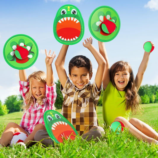 Billeeit 10.6 In Big Dinosaur Toss and Catch Ball Set, Catch Game Toys for Kids 3 4 5 6 7 8 9 10, Outdoor Yard Games Beach Toys for Family Outside Activities w/4 Big Rackets, 4 Balls, 1 Drawstring Bag