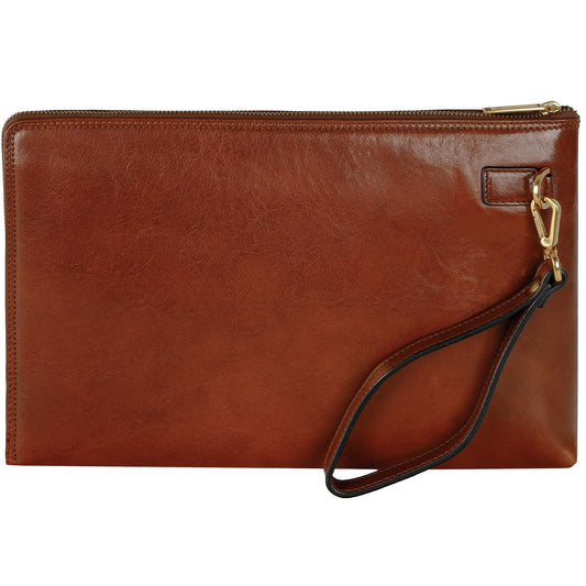 Time Resistance Leather Clutch for Men - Organizer Wrist Bag Briefcase - Handmade in Italy (Cognac Brown)