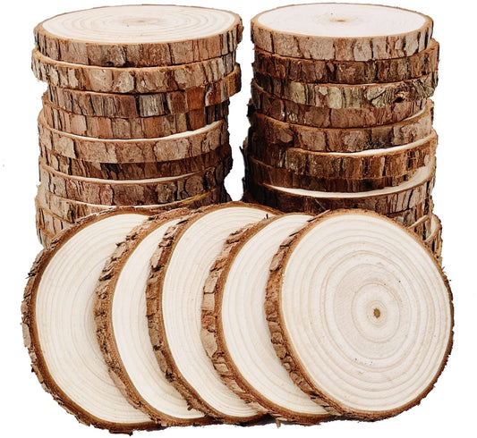 William Craft Unfinished Natural Wood Slices with Bark - 30 Pcs 3.5-4 inch Craft Wood kit Circles Crafts Christmas Ornaments DIY Crafts with Bark for Crafts Rustic Wedding Decoration
