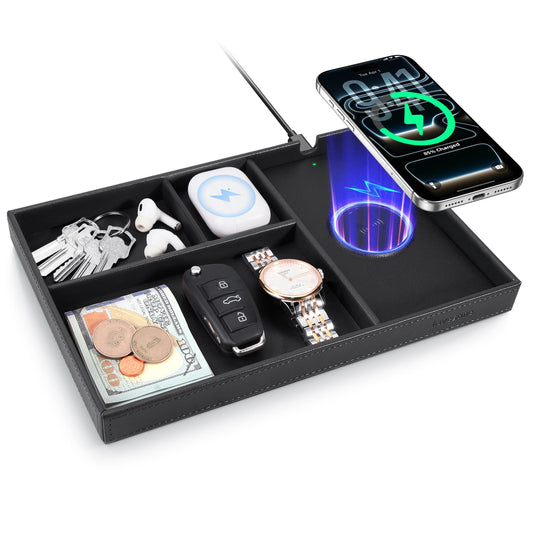 Valet Tray, Built-in Wireless Chargers, PU Leather Nightstand Organizer, Desk Bedside Caddy Organizer Tray for Men Women, EDC Catchall Trays for Keys, Watch, Phone, Jewelry, Black