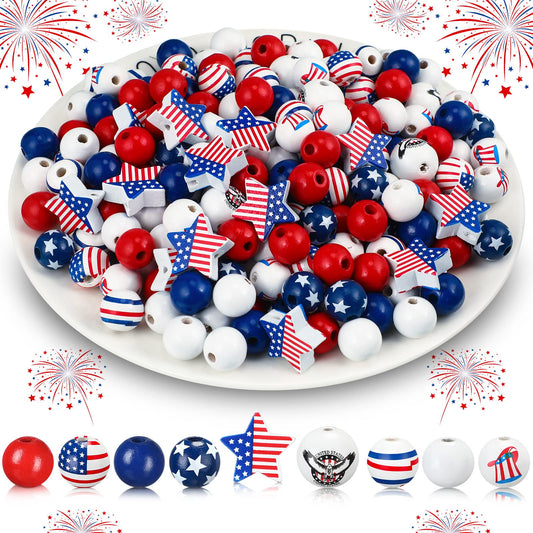 Chunful 300 Pcs 4th of July Wood Beads 250th Anniversary Patriotic Red White and Blue America Flag Star Charm Memorial Day Wooden Craft Beads for Independence Day DIY Jewelry Making, 9 Design
