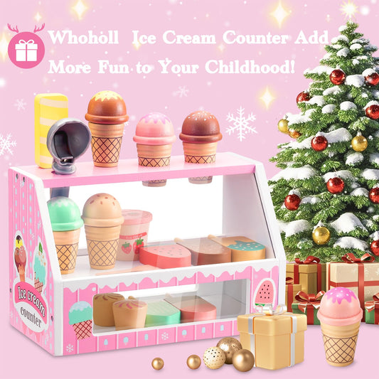 WHOHOLL Wooden Ice Cream Counter Playset for Toddler Girl Toys, Play Store Pretend Toy Food Play Kitchen Accessories with Fake Money & Coin, Christmas Birthday Gifts for 3+ Year Old Kids (Pink)