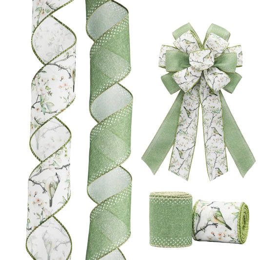 Craflox Sage Green Bird Floral Wired Ribbon Set, 2 Rolls 2.5 Inch x 10 Yards Total, Vintage Botanical Bird Ribbon for Wreaths, Bows, Gift Wrapping, Wedding Decor, Spring Summer Crafts