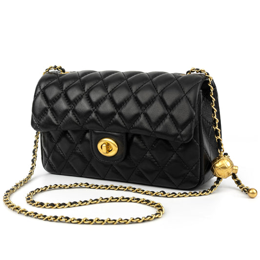 DORIS&JACKY Small Quilted Crossbody Purse for Women, Designer Lambskin Shoulder Cellphone Purse with Twist Lock and Chain Strap (Black)
