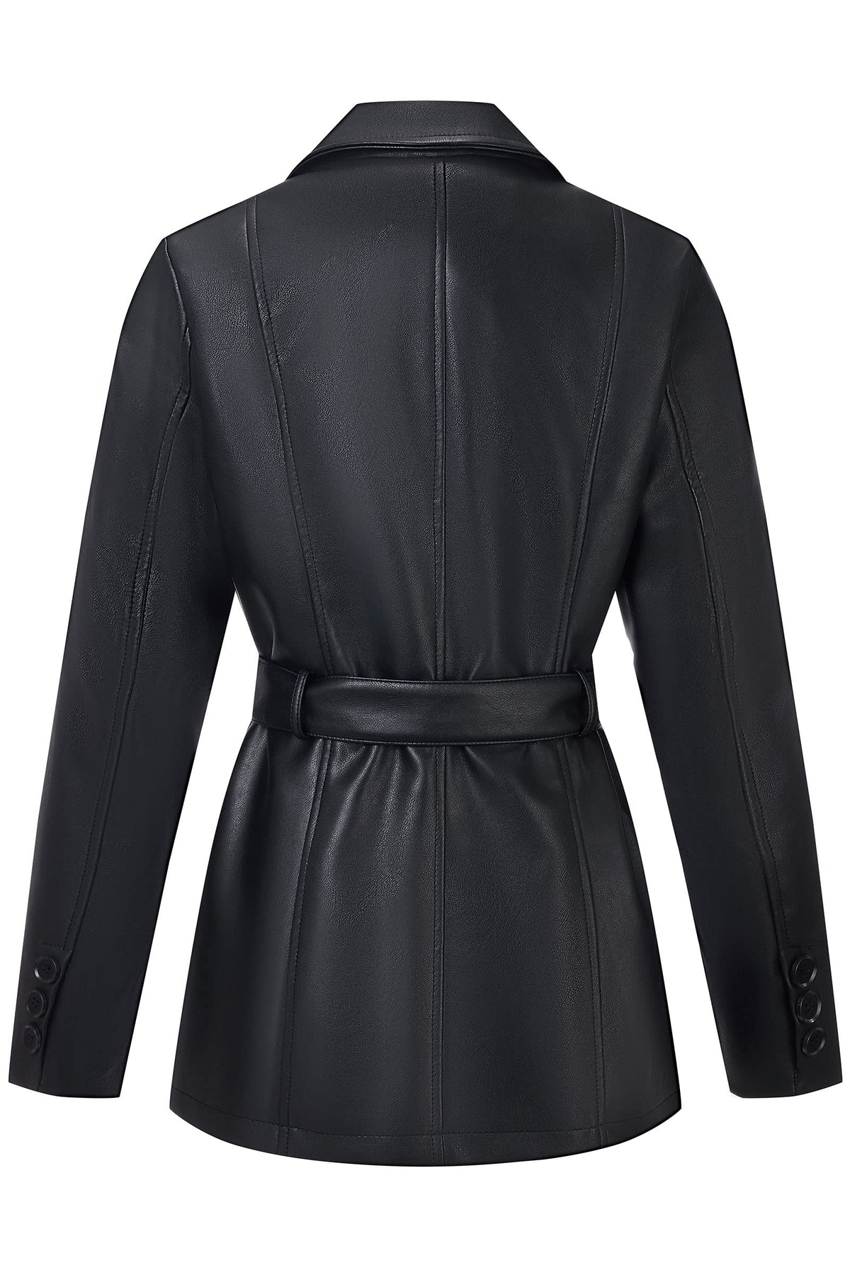 RISISSIDA Women Faux Leather Blazer Jacket with Belt,Soft PU Coat,Black,S