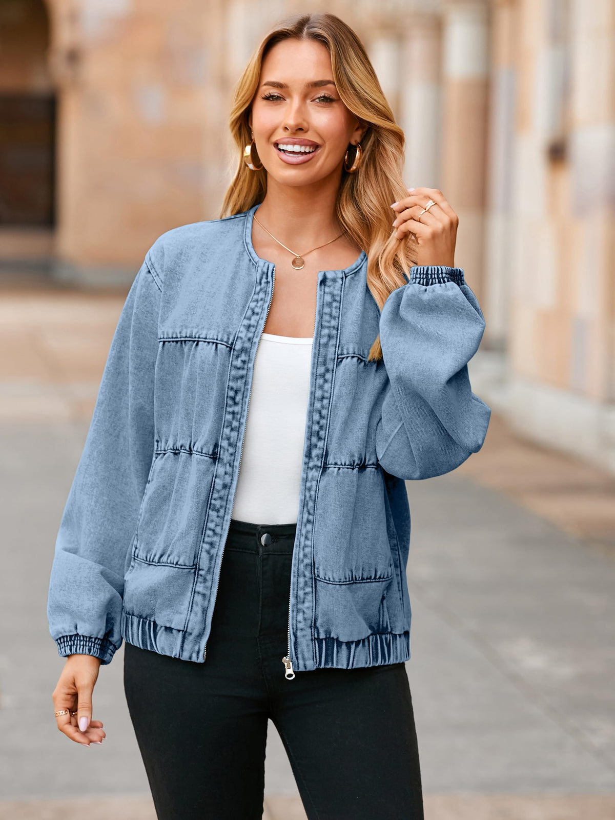 Glamaker Womens Denim Bomber Jacket Trendy Casual Zip Up Crew Neck Long Sleeve Loose Fit Jean Jacket Fall Outfits With Pockets (Denim Blue S)