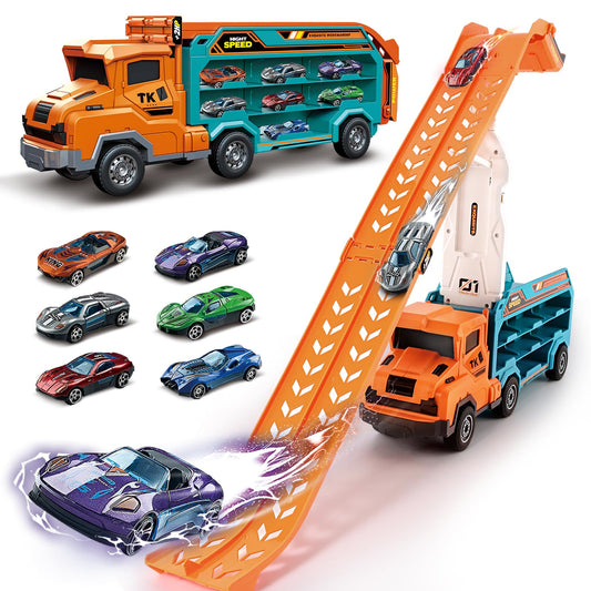 Toddler Car Truck Toys,Car Carrier Truck Toy for Kids Age 3-5 4-8,Foldable Car Track Sets with 2.8-Ft Race Track and 6 Die-Cast Race Cars, Truck Toys Gifts for 3 4 5 6 7 8+ Year Old Boys Girls(orange)
