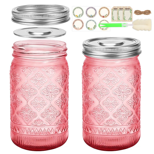 Pink Mason Jars 32 oz with Stainless Steel Leakproof Lids, 2 Pack Wide Mouth Colored Glass Jars for DIY Crafts, Wedding Centerpieces, Home Decor, Flower Vase, Bathroom Storage