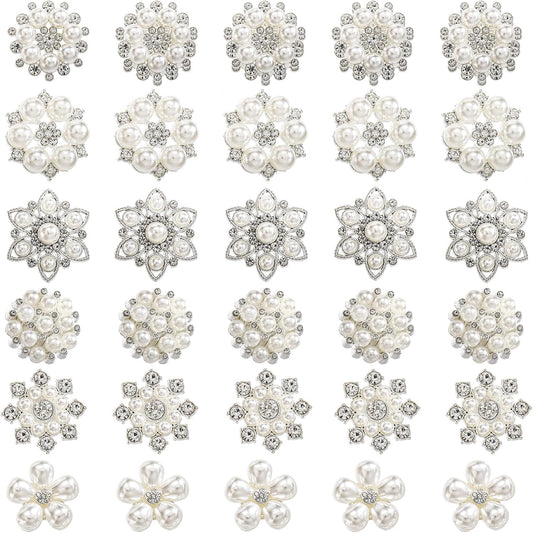 Frcctre 30 Pack Pearl Rhinestone Buttons, 6 Styles Embellishments Button Faux Pearl Button, Flat Back Flower Crystal Buttons for DIY Craft Jewelry Making Wedding Bridal Bouquet Party Home Decoration