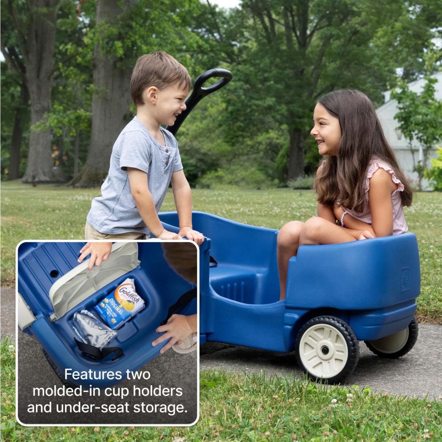 Step2 Wagon for Two Plus, Kids Ride On Toy, Stroller Substitute, Includes Seat Belts, Made of Durable Plastic, Max Weight 75 lbs., For Toddlers 1.5-5 Years Old, Denim Blue