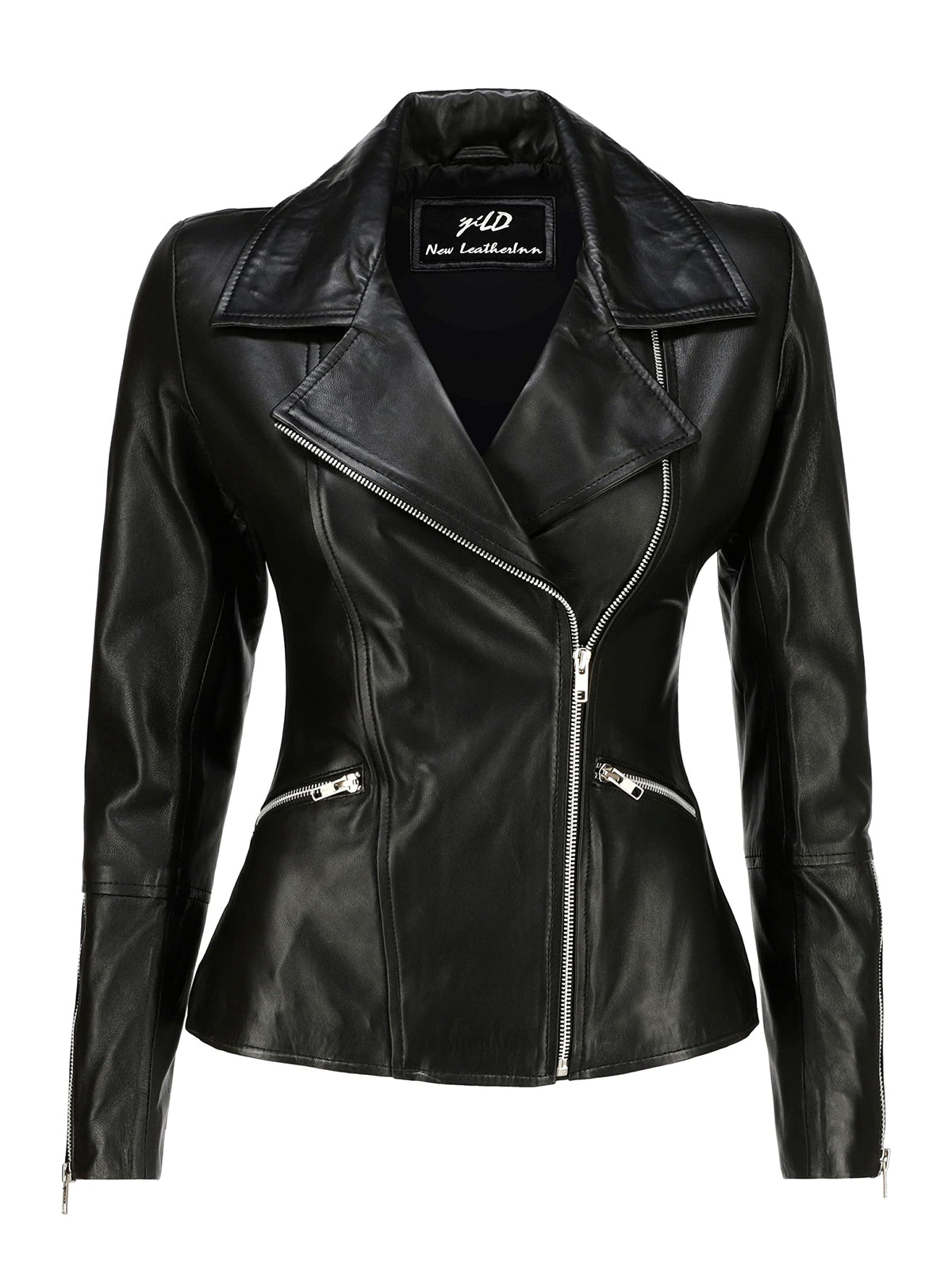 Jild Women's Asymmetrical Zip-Up Real Lambskin Leather Motorcycle Jacket - Casual Fashion Moto Biker Leather Jacket Women (BW-Blk-XL)