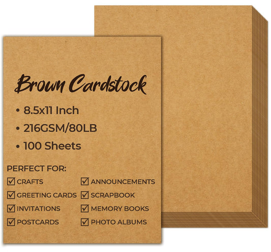 Ohuhu Brown Kraft Cardstock Thick Paper 100 Sheets - 8.5" x 11" Heavyweight 80 lb/216 gsm Card Stock for Crafts and DIY Card Making