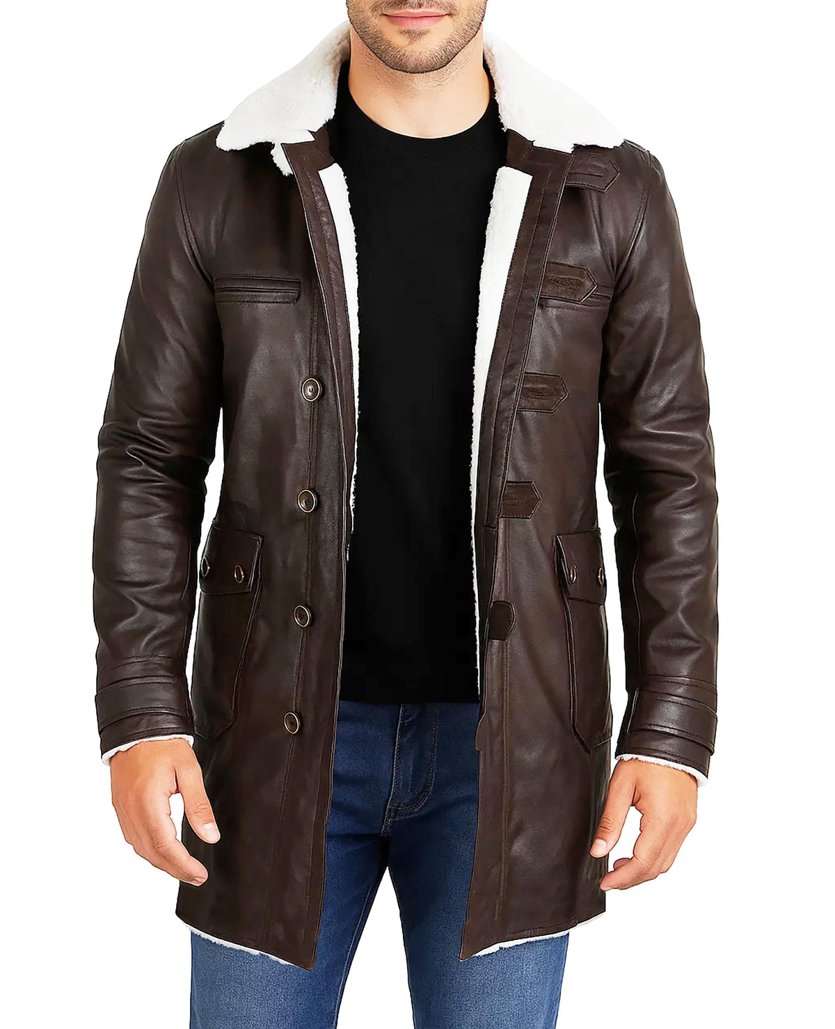 LP-FACON Mens Winter Fur Shearling BN Coat Jacket Brown Faux Leather Overcoat