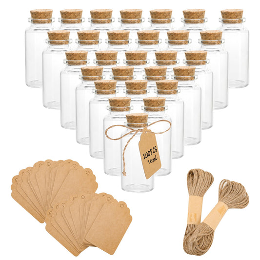 YEUIKERR 100 Pack Mini Glass Bottles with Cork 10 ml Mini Glass Vials with Cork Stoppers with Label Tags and String for Crafts Decoration Wedding Party Favors
