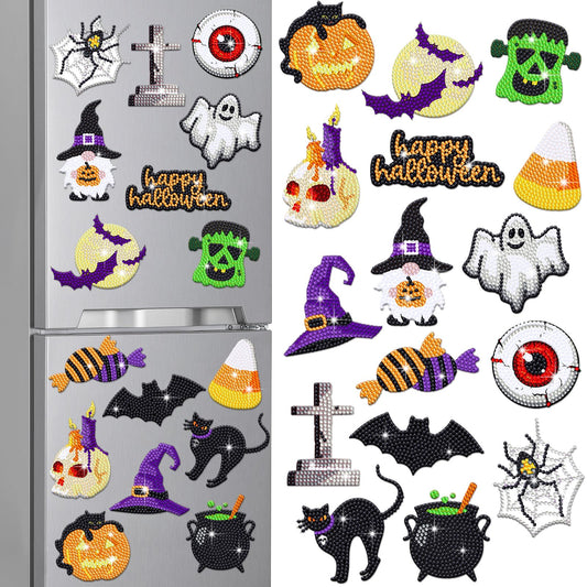 Umigy 16 Pcs Summer Halloween Diamond Art Magnets for Refrigerator Gnome Ghost Bat Cat Diamond Painting DIY Halloween Gems Art Kits for Adults Crafts Home Decor Gift