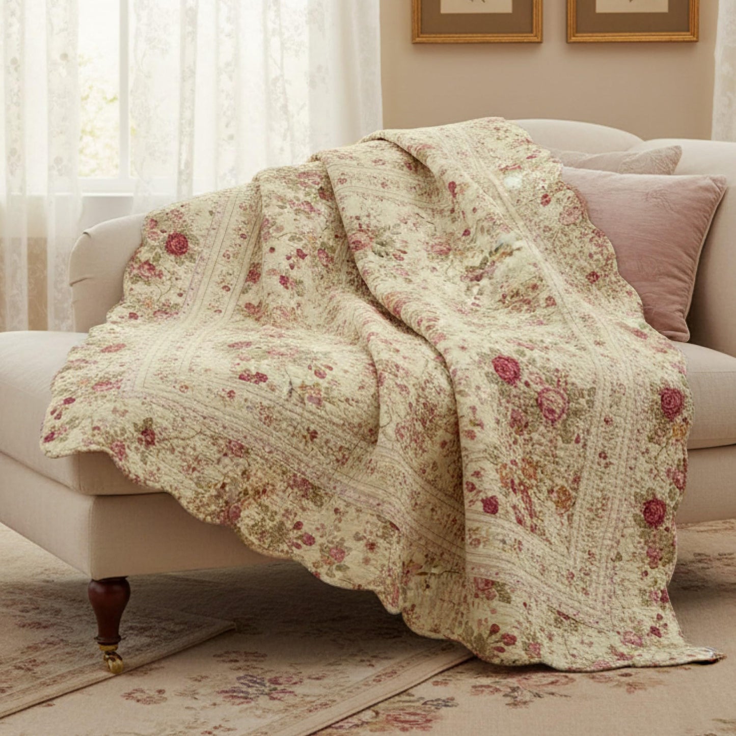 Greenland Home Fashions Antique Rose - Classic Traditional Floral - 100% Cotton Quilted Throw Blanket, 50 x 60 inches, Ecru