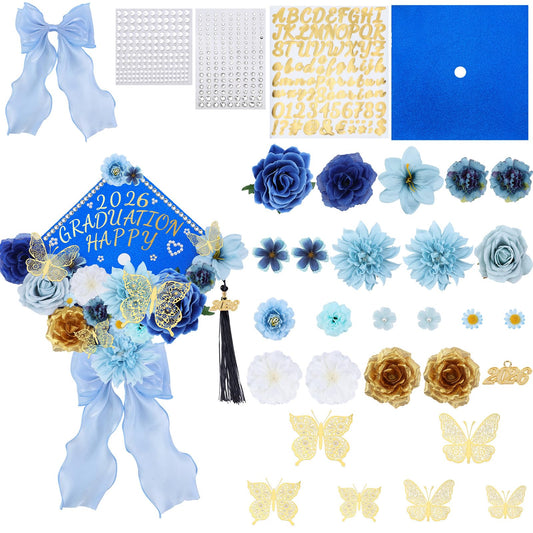 Jollyboom Graduation Cap Decorations Kit Blue, Flowers Grad Cap Decorations 2026 for Cap Topper DIY Craft Assorted Flowers Butterfly Stickers Bow Trim Gold Pendant for Grad Party Craft Decor