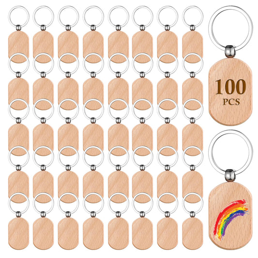 Voittozege 100 Pcs Wooden Keychain Blanks Wood Key Chain Bulk Rounded Square Wooden Blank Keychains Unfinished Blanks Wood Keychains Blank Wooden Key Tag for DIY Gift Craft Supplies