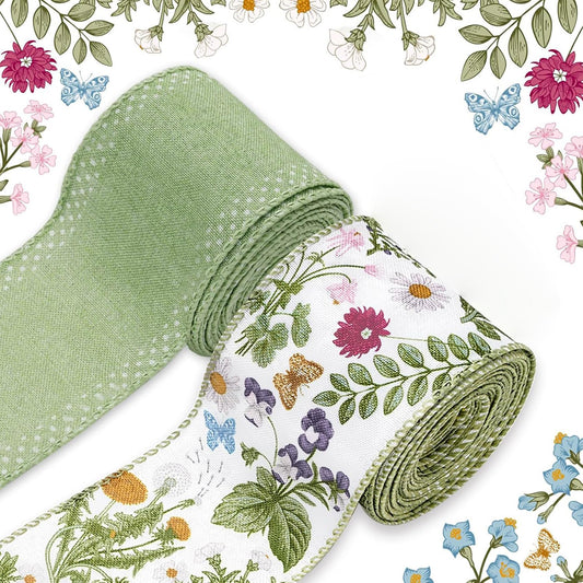 LB Green Wildflower Wired Edge Ribbon,Spring Summer Craft Ribbon Vintage Floral Fabric Ribbons for Gift Wrapping DIY Wreath Bows, Wedding Decor, Mother's Day Craft Supplies, 2 Rolls,10 Yards
