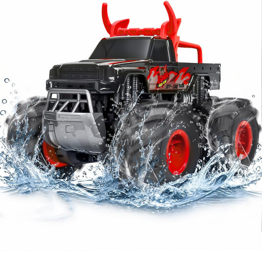 1:16 Waterproof Monster Truck Toys RC Cars, 2.4GHz Remote Control Truck for Kids Boy Ages 8,9,10,11,12 Years Old, 4WD All Terrain Off-Road with LED Lights RC Boat for Boy Girl Birthday Gift - Red