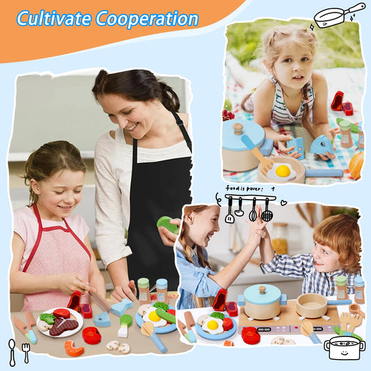 Play Kitchen Accessories, Wooden Play Cooking Set, Pretend Play Kitchen Set for Kids, Including Stove, Cookware Pots and Pans, Cooking Utensils Playset, Cutting Food Playset for Girls Boys Toddler