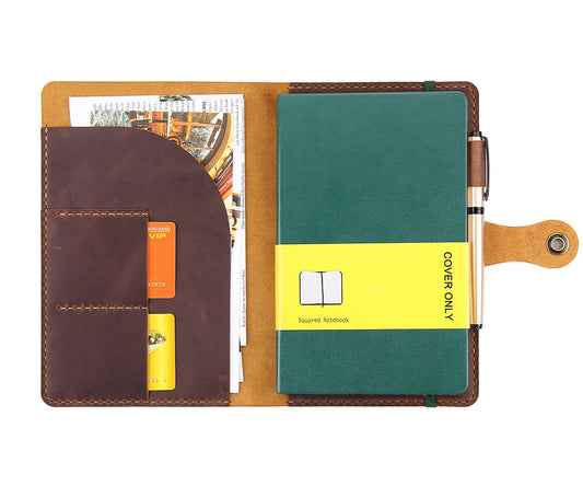 Handmade Journal Cover For Moleskine Hardcover Large Size 5"x8.25" Notebook, Vintage Leather Cover With Pen Holder & Snap Closure For Hardcover Notebooks-Brown