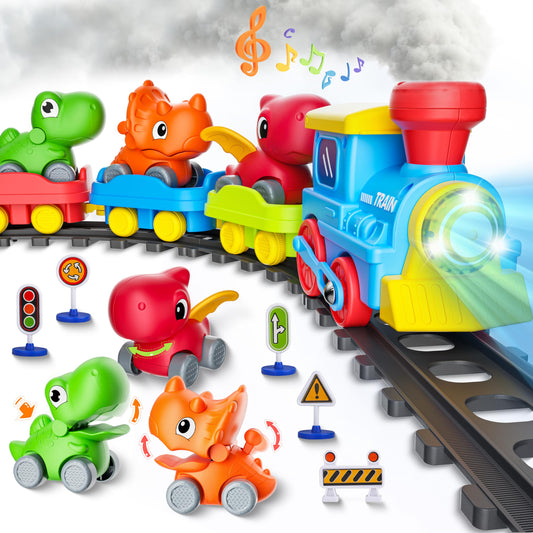 Train Set for Toddlers w/Steam, Music & Lights - Electric Train Toys for Kids w/Tracks Accessories, Including 3 Dinosaur Car and 3 Trailer, Christmas Birthday Gifts for 1-3 4 5 6+ Years Old Boys Girls