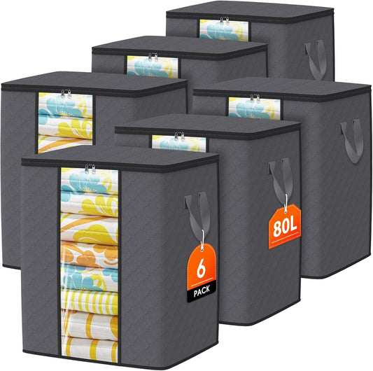 SpaceTrove Clothes Storage Bags - 80L Large Capacity Organizers with Visual Window | 6-Pack Grey Bedding Containers