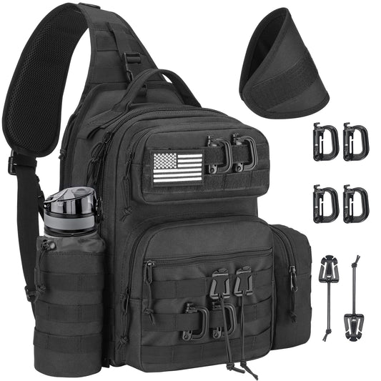 CVLIFE Tactical Sling Bag Backpack for Men Military Shoulder Sling Bag Molle Detachable Tactical Bag with Bottle Holder Hidden Pocket Daily Day Pack Work Bag for EDC Hiking, Black