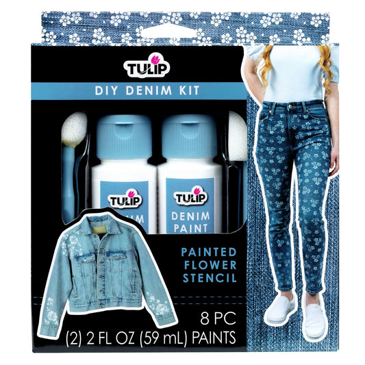 Tulip Denim Paint Stencil Kit, Permanent Paints, Beginner Friendly Craft Kit, Includes Stencils, Pouncers, Brush Tools and Easy Project Guide, 8 Pieces