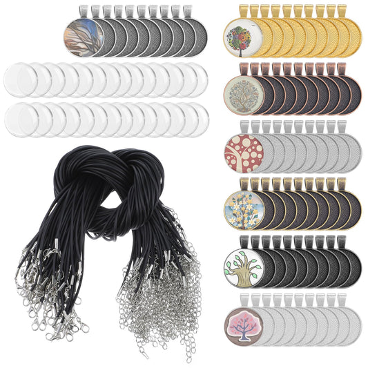 Meyeyaia 210Pcs Pendant Trays Kit Round Pendant Bezel Charms with Glass Cabochon and Necklaces Cords Set for Homemade Photo Necklace Resin Jewelry Making DIY Crafts 7 Color